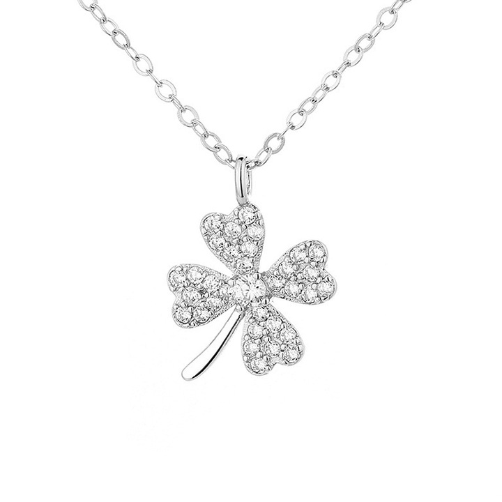 Колие YISYNIM, четирилистна детелина, циркон, сребрист, 41-50см