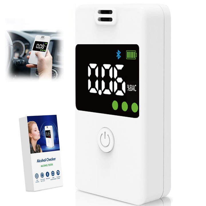 Alcool Tester, Latauar, Acuratete 0.005 % BAC, Analiza Rapida, Functie de Memorare, Recunoastere Suflat Fals, Display LCD