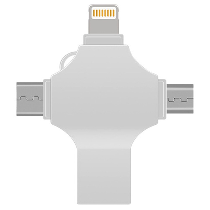Многофункционална памет 4 в 1 с капацитет 128 GB, бърз трансфер между устройства, съвместимост с iPhone и USB Type-C, елегантен компактен