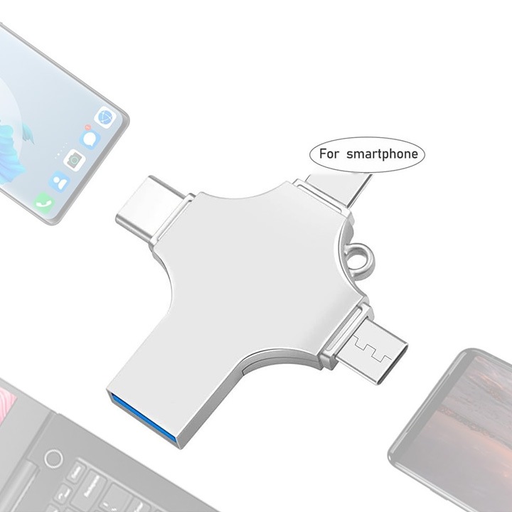 4 az 1-ben többfunkciós memóriakártya 128 GB kapacitással, gyors átvitel az eszközök között, iPhone és USB Type-C kompatibilitás, elegáns kompakt