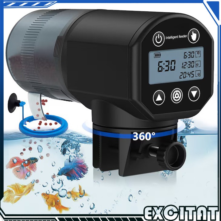 Hranitor automat acvariu, Excitat®, capacitate rezervor 200 ml, universal, utilizare manuala si automata, silentios, display LCD, temporizator digital, baterii incluse, negru