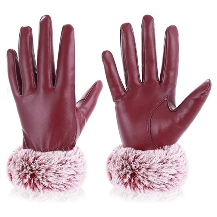 Manusi din piele artificiala pentru iarna pentru femei, cu captuseala din lana, marime unica, rosu inchis
