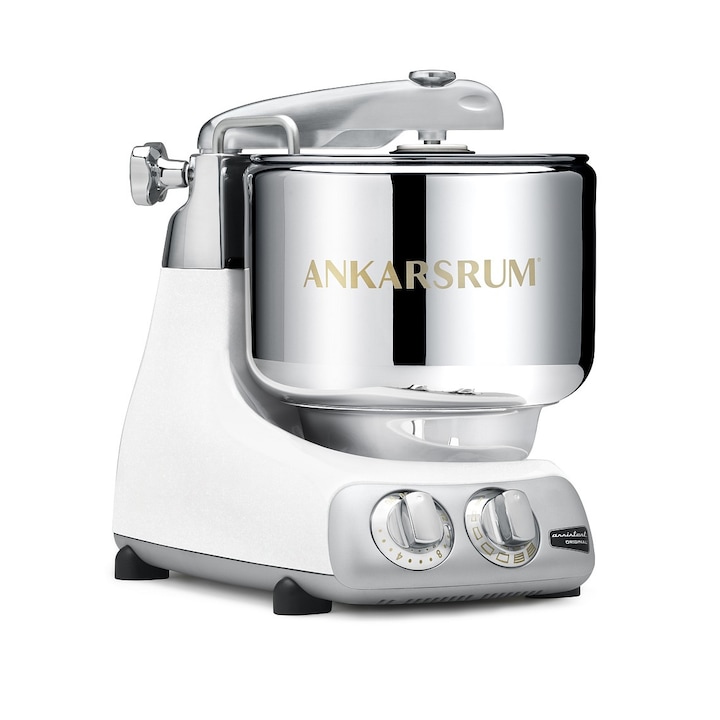 Кухненски робот Ankarsrum AKM 6220B, 1500 W, Иноксова купа 7 л, Пластмасова купа 3.5 л, Регулираща скорост, Таймер, Бял