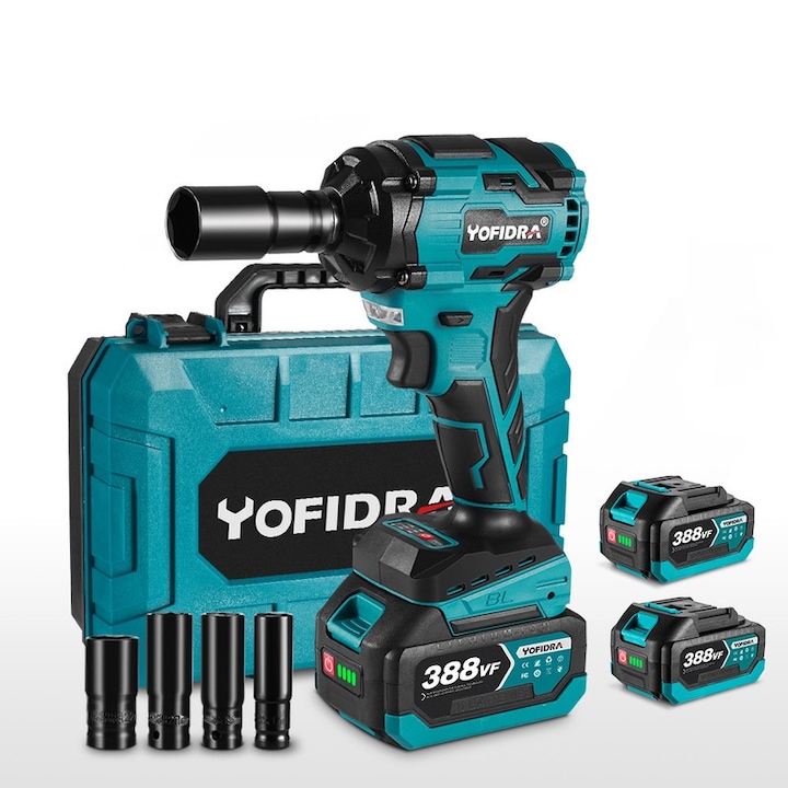 Yofidra akkus ütvecsavarkulcs, 520 Nm, 3 fokozat, LED lámpa, kék, 2 elemes készlet, 1/2" műanyag tokban