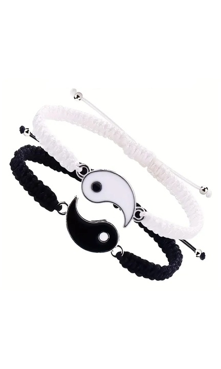 Set 2 X Bratara Gentelo Yin si Yang cu snur din material textil, marime reglabila, culoare alb si negru