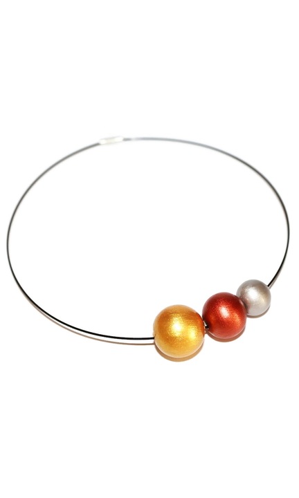 Colier cu margele din lemn pictate in nuante de auriu caramiziu si argintiu handmade