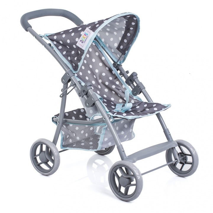 Carucior sport pentru papusi Doris Turcoaz/Gri bulinute cu Roti din spuma EVA, Cadru din aluminiu pliabil, Copertina, Cos pentru accesorii, Centuri de siguranta, Siguranta impotriva plierii accidentale, Husa detasabila si lavabila