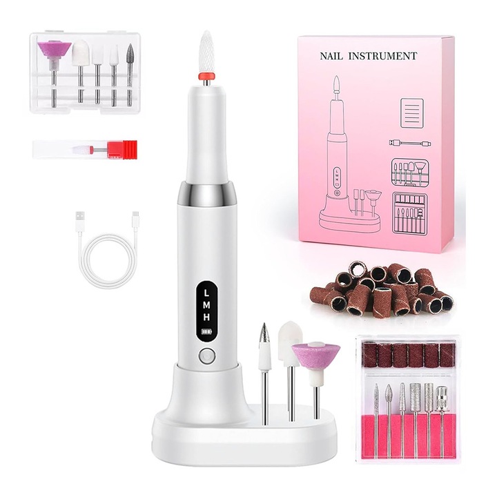 Freza unghii profesionala BOMSTOM, Portabila cu Baza Reincarcabila, 3 Trepte Viteza, Alb, 13.2x2.3cm