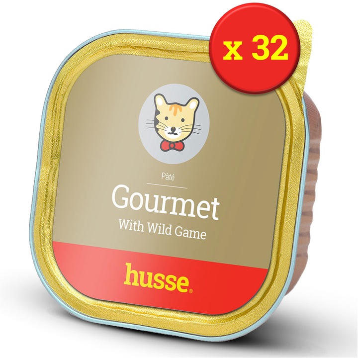 Hrana umeda completa HUSSE Gourmet Wild Game Pate Grain Free, pate cu vanat, fara cereale, pentru pisici, 32 x 100 g