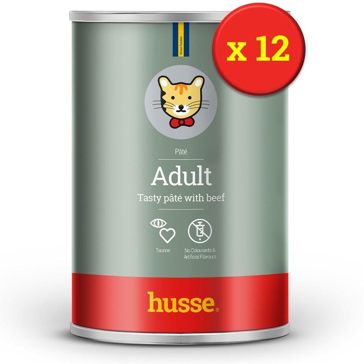 Hrana umeda completa HUSSE Adult Beef Pate, pate cu Vita, pentru pisici adulte, 12 x 400 g
