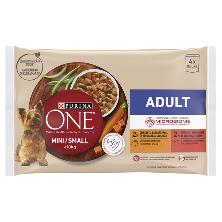 Hrana umeda pentru caini adulti Purina One Mini, pui si vita, 4x85g