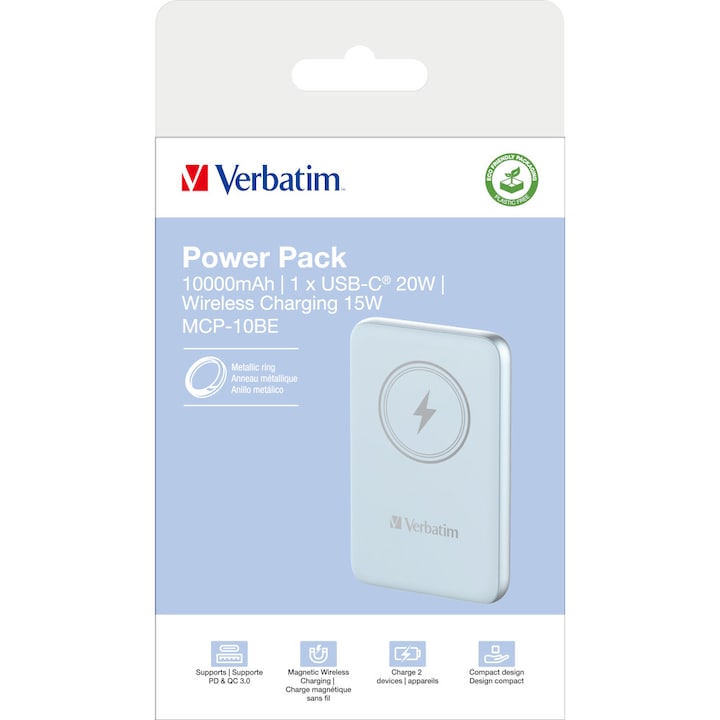 Baterie externa, Verbatim MCP-10BE Power Pack 10000 mAh cu UBS-C® PD 20W, incarcare wireless magnetica 15W, albastru