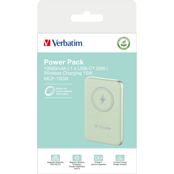 Baterie externa, Verbatim MCP-10GN Power Pack 10000 mAh cu UBS-C® PD 20W, incarcare magnetica fara fir 15W, verde