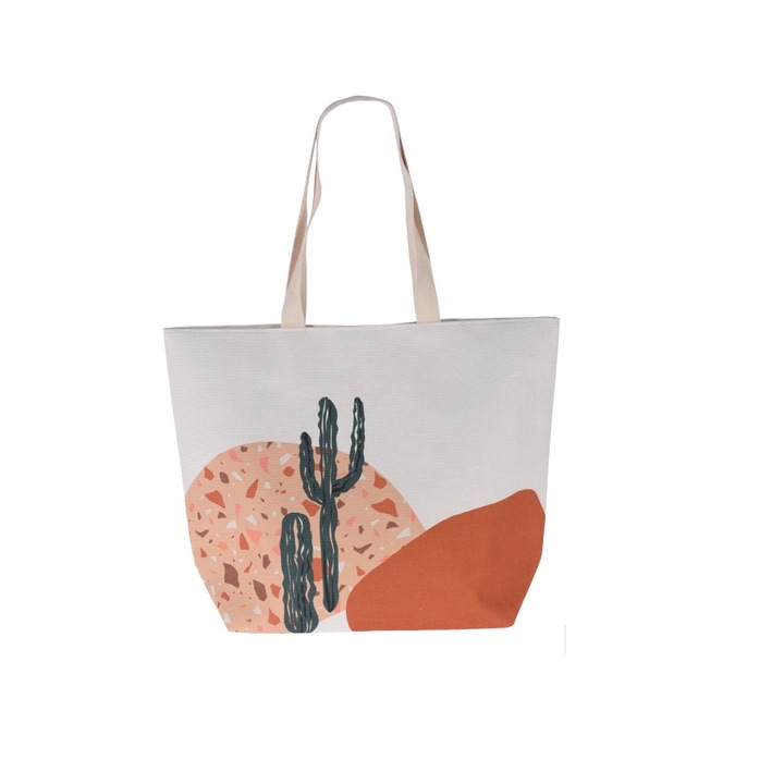 Geanta plaja Excellent Houseware, poliester, 35x15x38 cm, imprimeu cactus, multicolor