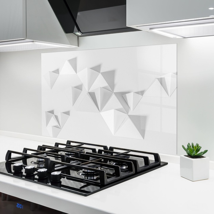 Panou Sticla Bucatarie, 60x80 cm, Protectie aragaz, Antistropi, Termorezistent, Abstracte, Geometrice, White 3d Triangle
