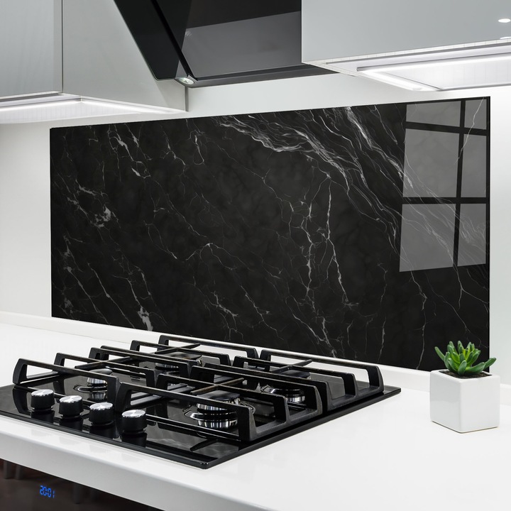 Panou Sticla Bucatarie, 60x150 cm, Protectie aragaz, Antistropi, Termorezistent, Abstracte, Marble, Black Marble