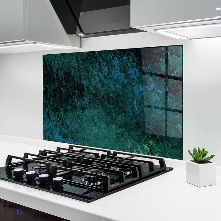 Panou Sticla Bucatarie, 70x100 cm, Protectie aragaz, Antistropi, Termorezistent, Abstracte, Marble, Dark Green Blue Painting