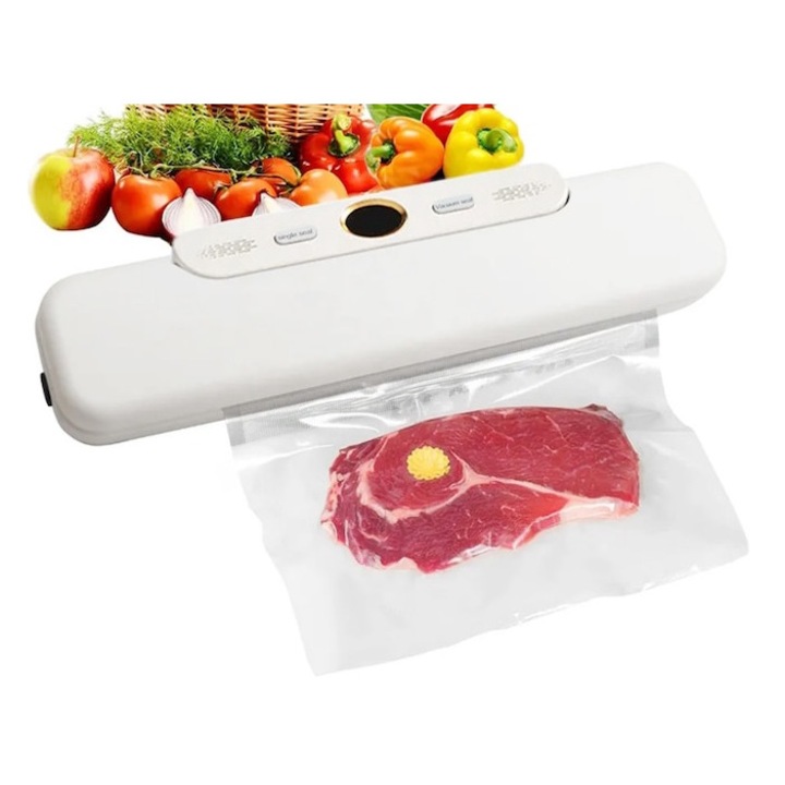 Aparat de Vidat si Sigilat alimente, 120W, 30cm, Display digital, produse umede si uscate, Uz casnic, Vidare alimente, 10 pungi incluse, Design minimalist, WALALLA, Alb