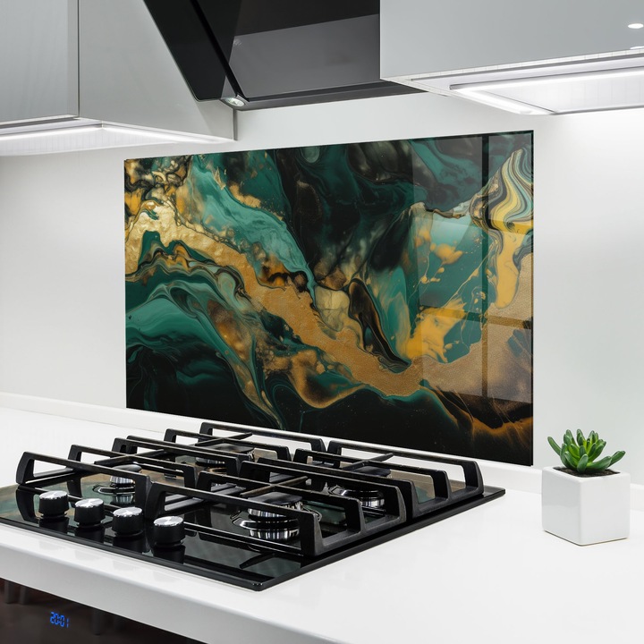 ARTHUB, Konyhai üveg hátfal 50x70 cm, 5 mm edzett, Védő gáz­tűzhely, Fröccsenésgátló, Hőálló, absztrakt, márvány, Dark Green With Gold