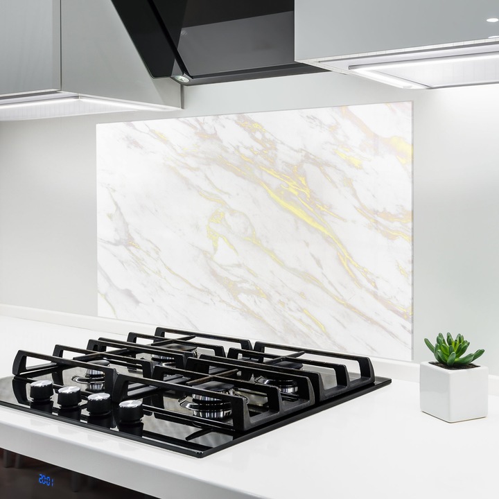 Panou Sticla Bucatarie, 50x70 cm, Protectie aragaz, Antistropi, Termorezistent, Abstracte, Marble, White Gold Lines