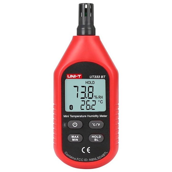 Termometru si higrometru digital, UNI-T, Bluetooth, LCD, -10°C~60°C, 0-100%RH, 3 Baterii AAA, 155 x 50 x 28 mm, Rosu / Gri