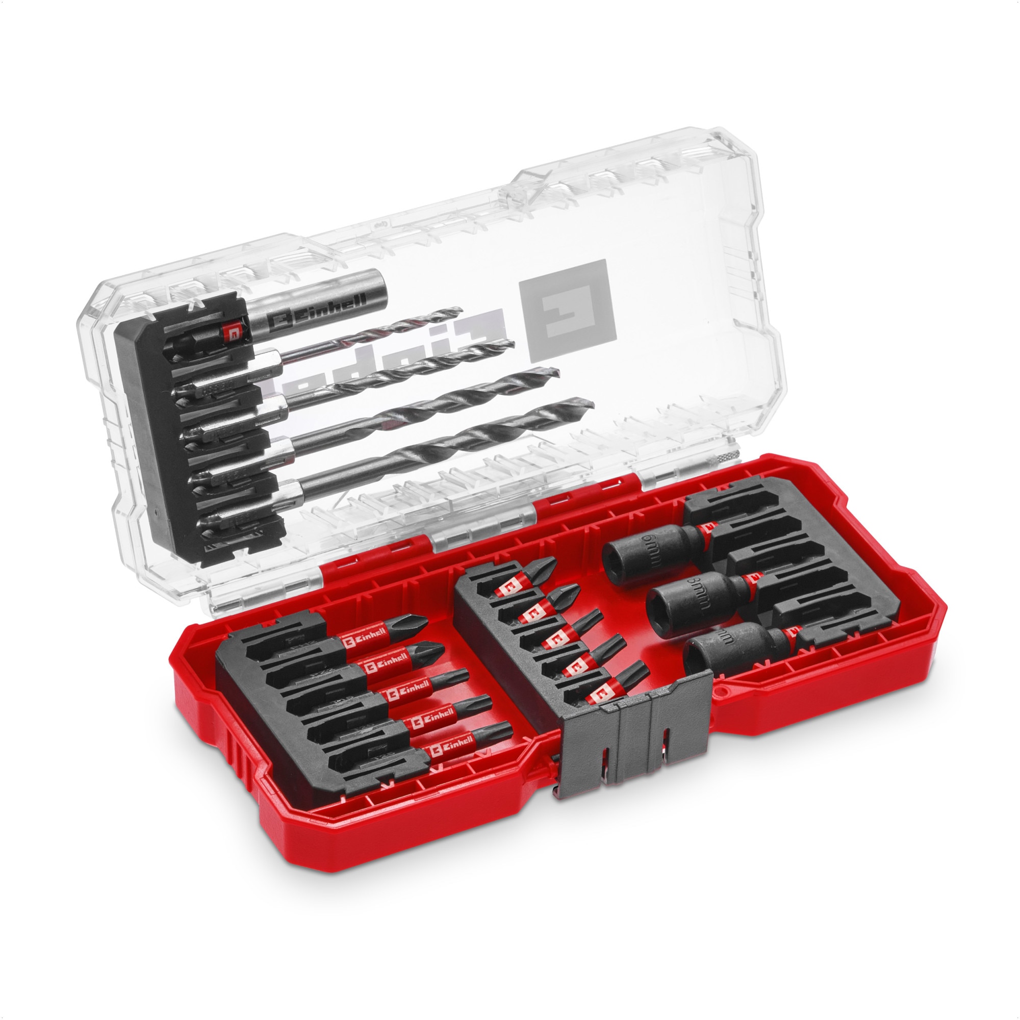Set 18 biti Einhell 49108709, biti 25 mm, biti de 50 mm, suport pentru biti de 60 mm, chei tubulare,burghie metal, cutie de depozitare