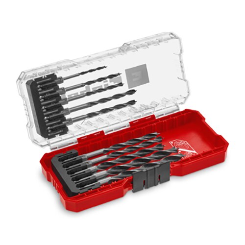 Set 10 burghie lemn Einhell 49108733, spirala dubla, tija E 6.3, imbinare slefuita in 3 puncte, vârf de centrare, cutie de depozitare