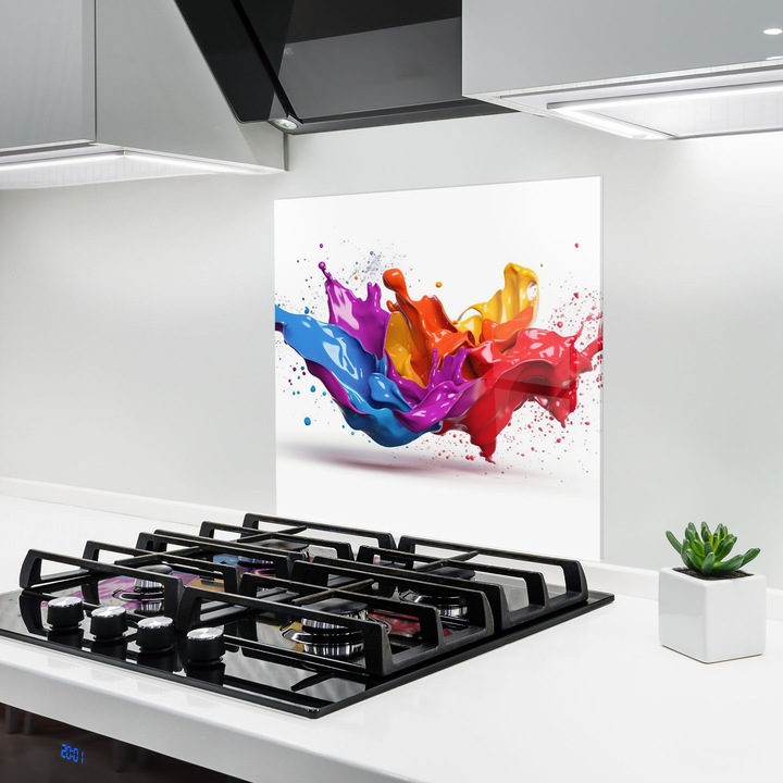 Panou Sticla Bucatarie, 100x100 cm, Protectie aragaz, Antistropi, Termorezistent, Abstracte, culori Vibrante, 3d Floating Splash