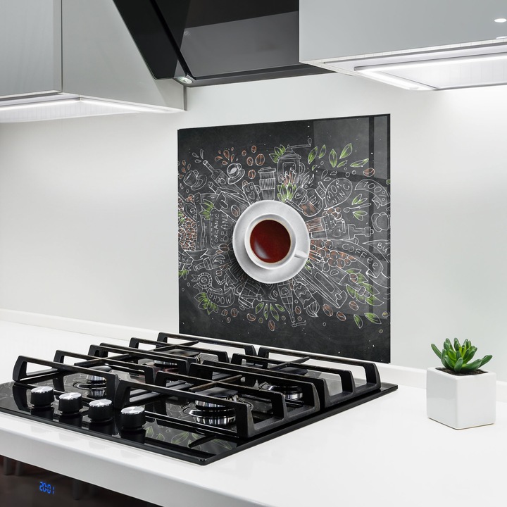Panou Sticla Bucatarie, 60x60 cm, Protectie aragaz, Antistropi, Termorezistent, Alimente, Cafea, Black Board Coffee