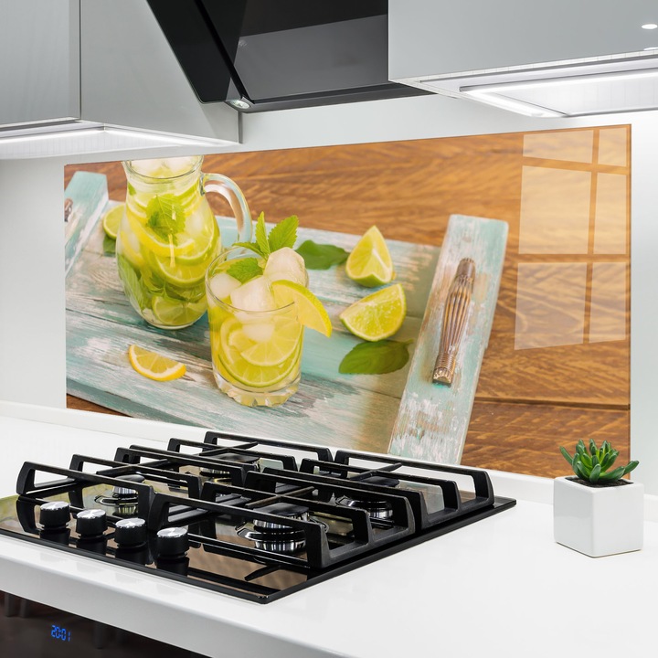ARTHUB, Стъклен панел за кухня 60x120 cm, 5 мм закалено, Предпазител за газов котлон, Предпазител от пръски, Топлоустойчив, храни, напитки, Fresh Cold Lemonade