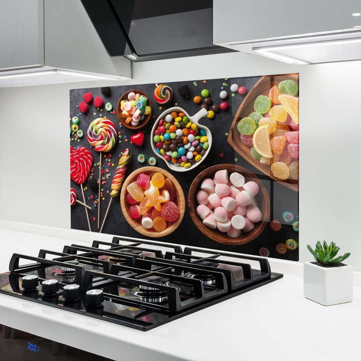 ARTHUB, Konyhai üveg hátfal 50x70 cm, 4 mm edzett, Védő gáz­tűzhely, Fröccsenésgátló, Hőálló, élelmiszerek, édességek, Colorful Candies