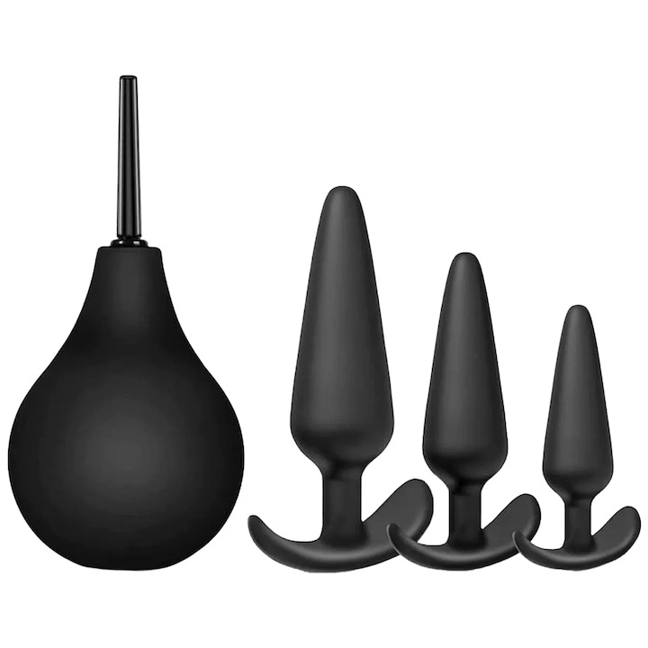 4 db-os anális irrigátor készlet, egészségügyi termékkészlet, 3 méretű anál dugóval, Szilikon, 220ml, WALALLA, Fekete