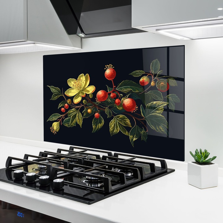 ARTHUB, Konyhai üveg hátfal 50x70 cm, 4 mm edzett, Védő gáz­tűzhely, Fröccsenésgátló, Hőálló, élelmiszerek, zöldségek, Yellow Flower Food