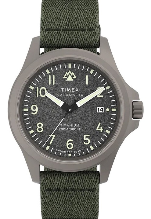 Часовник Timex Expedition North Titanium Automatic, механизъм Miyota, водоустойчив 20 ATM, сив циферблат, зелена текстилна каишка, мъжки