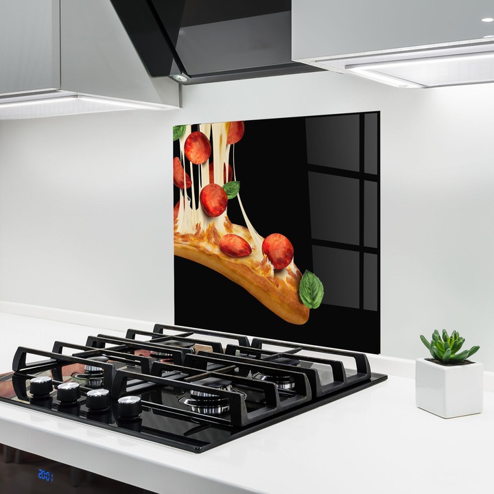 ARTHUB, Стъклен панел за кухня 100x100 cm, 5 мм закалено, Предпазител за газов котлон, Предпазител от пръски, Топлоустойчив, храни, ястия, Pizza Falling