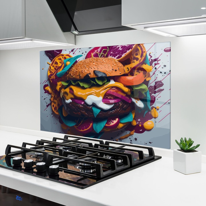 ARTHUB, Стъклен панел за кухня 80x120 cm, 5 мм закалено, Предпазител за газов котлон, Предпазител от пръски, Топлоустойчив, храни, ястия, Burger Color Mix