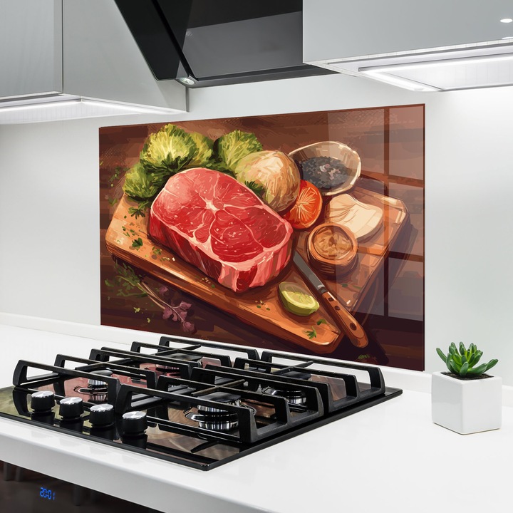 ARTHUB, Стъклен панел за кухня 50x70 cm, 5 мм закалено, Предпазител за газов котлон, Предпазител от пръски, Топлоустойчив, храни, ястия, Meat Preparing