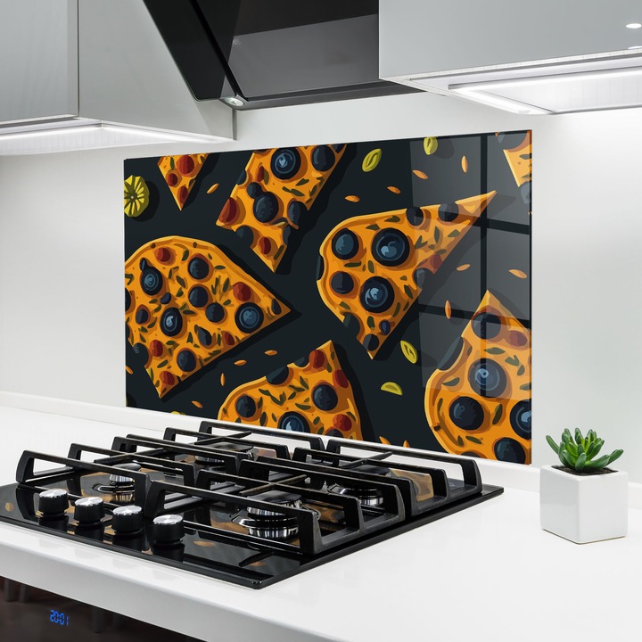 ARTHUB, Стъклен панел за кухня 60x100 cm, 5 мм закалено, Предпазител за газов котлон, Предпазител от пръски, Топлоустойчив, храни, ястия, Pizza Pattern