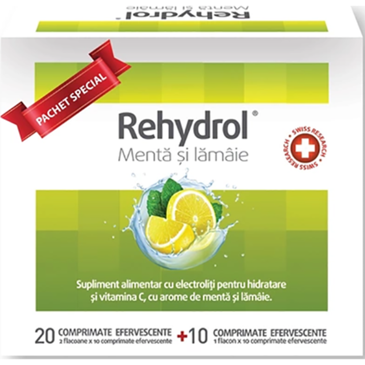 Supliment alimentar Rehydrol Menta si Lamaie, MBA Pharma, 20 cpr efervescente