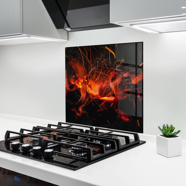 ARTHUB, Стъклен панел за кухня 60x60 cm, 5 мм закалено, Предпазител за газов котлон, Предпазител от пръски, Топлоустойчив, фън шуй, огън, Glow Fusion