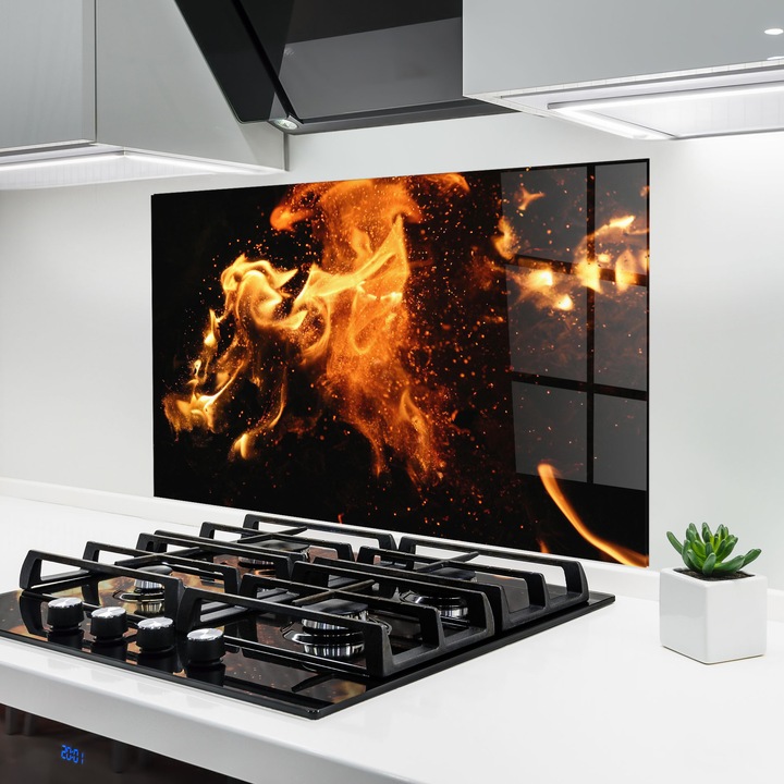 ARTHUB, Стъклен панел за кухня 70x100 cm, 5 мм закалено, Предпазител за газов котлон, Предпазител от пръски, Топлоустойчив, фън шуй, огън, Close Up