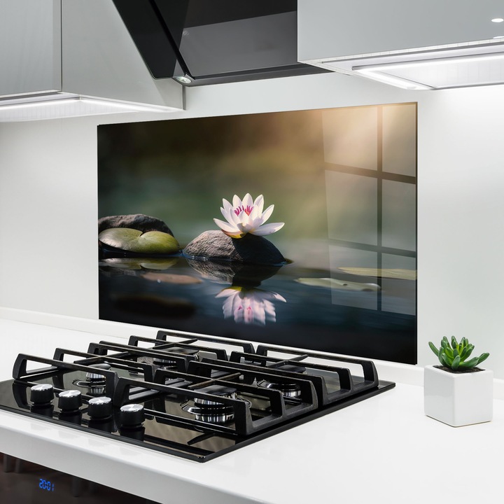 ARTHUB, Konyhai üveg hátfal 80x120 cm, 4 mm edzett, Védő gáz­tűzhely, Fröccsenésgátló, Hőálló, feng shui, természet, Grey Rock Lotus
