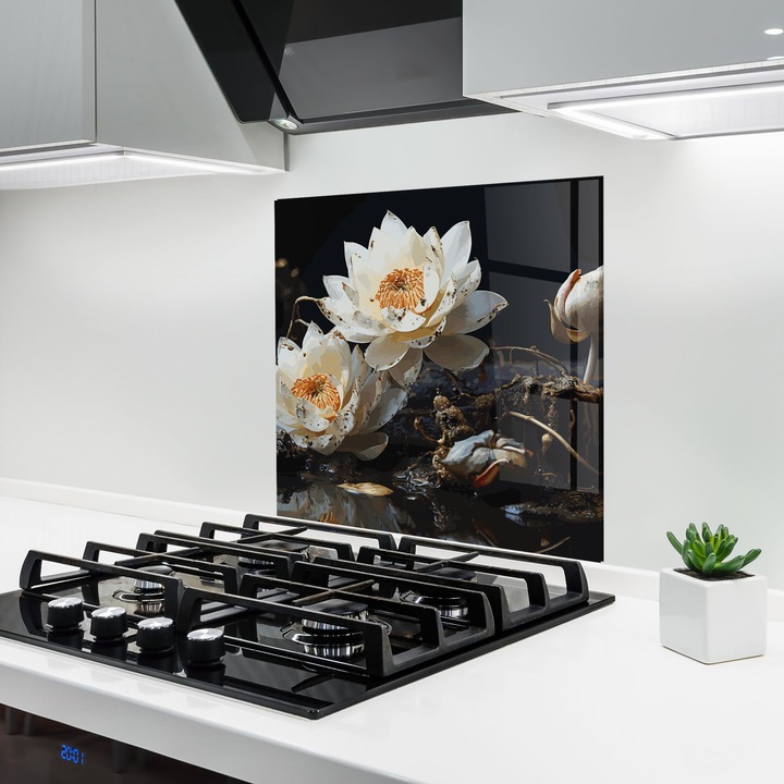 ARTHUB, Konyhai üveg hátfal 60x60 cm, 4 mm edzett, Védő gáz­tűzhely, Fröccsenésgátló, Hőálló, feng shui, természet, Beautiful White Nature