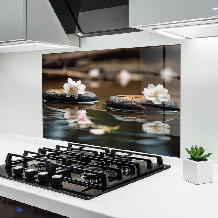 Panou Sticla Bucatarie, 50x70 cm, Protectie aragaz, Antistropi, Termorezistent, Feng-shui, Natura, Zen Stones Flowers