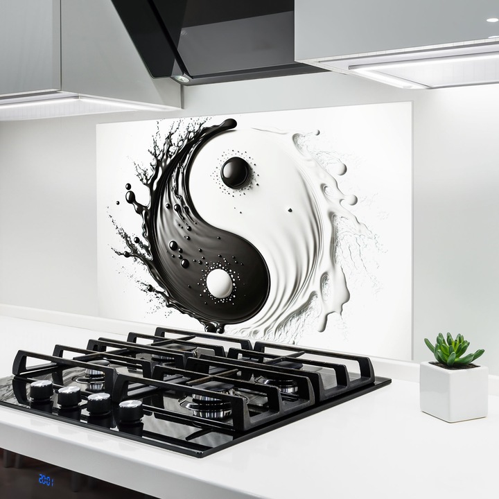 Panou Sticla Bucatarie, 60x100 cm, Protectie aragaz, Antistropi, Termorezistent, Feng-shui, Yin Yang, Black Liquid Yinyang