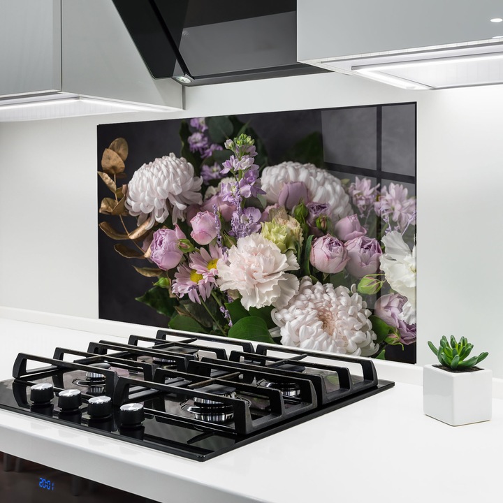 ARTHUB, Konyhai üveg hátfal 50x70 cm, 4 mm edzett, Védő gáz­tűzhely, Fröccsenésgátló, Hőálló, virágok, virágcsokor, Pastel Purple Bouquet