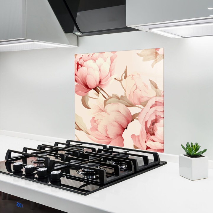 ARTHUB, Konyhai üveg hátfal 60x60 cm, 4 mm edzett, Védő gáz­tűzhely, Fröccsenésgátló, Hőálló, virágok, bazsarózsa, Pastel Peony