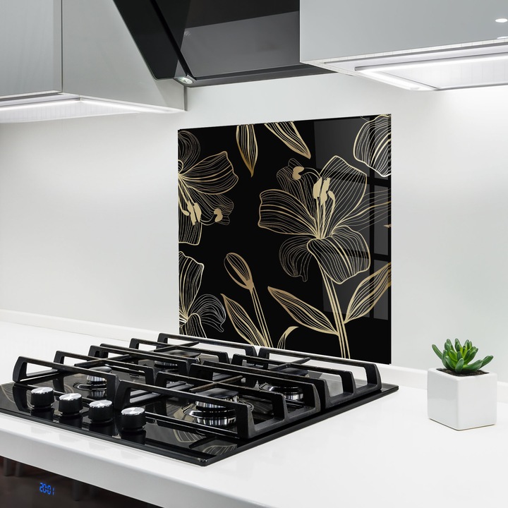 ARTHUB, Стъклен панел за кухня 60x60 cm, 5 мм закалено, Предпазител за газов котлон, Предпазител от пръски, Топлоустойчив, цветя, лилии, Gold Black Lily
