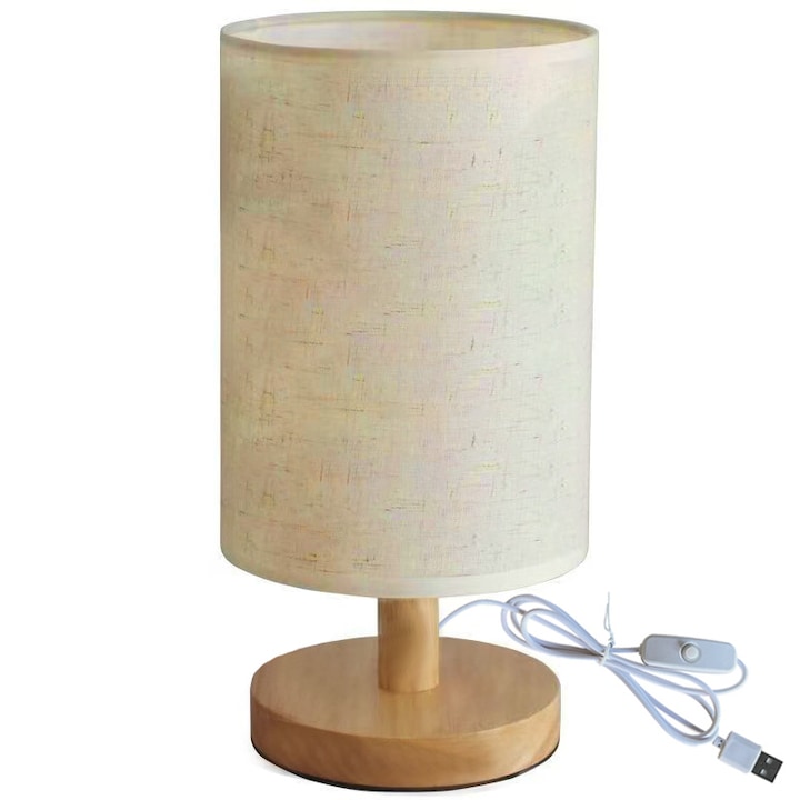 Lampa noptiera, baza lemn masiv, lampa led, lampa citit, Luminozitate reglabila in trei trepte, lampa masa, abajur textil, yadada, USB