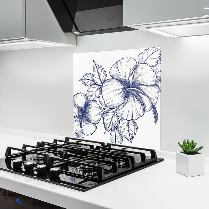 ARTHUB, Konyhai üveg hátfal 100x100 cm, 4 mm edzett, Védő gáz­tűzhely, Fröccsenésgátló, Hőálló, virágok, rajzolt virágok, Dark Blue Line Flower